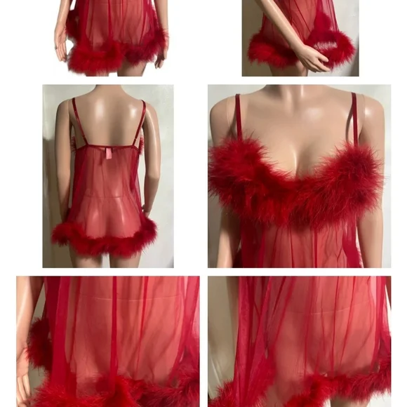 Red Sheer Feather Trim Babydoll - Picture 8 of 8